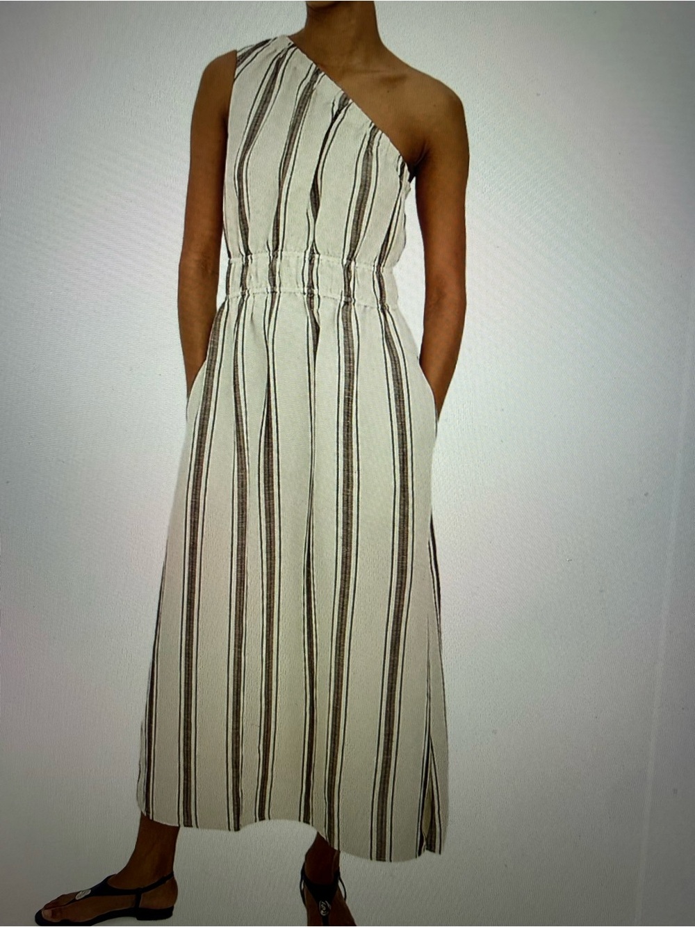 Rails One-Shoulder Striped Linen -Blend Midi Dress in Cream and Brown - Picture 3 of 3